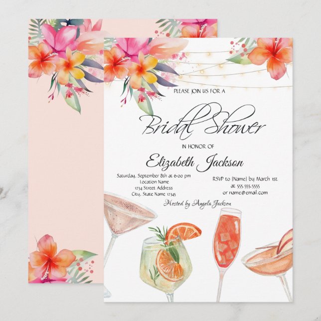 Tropical Flowers Cocktails Lights Bridal Shower  Invitation (Front/Back)