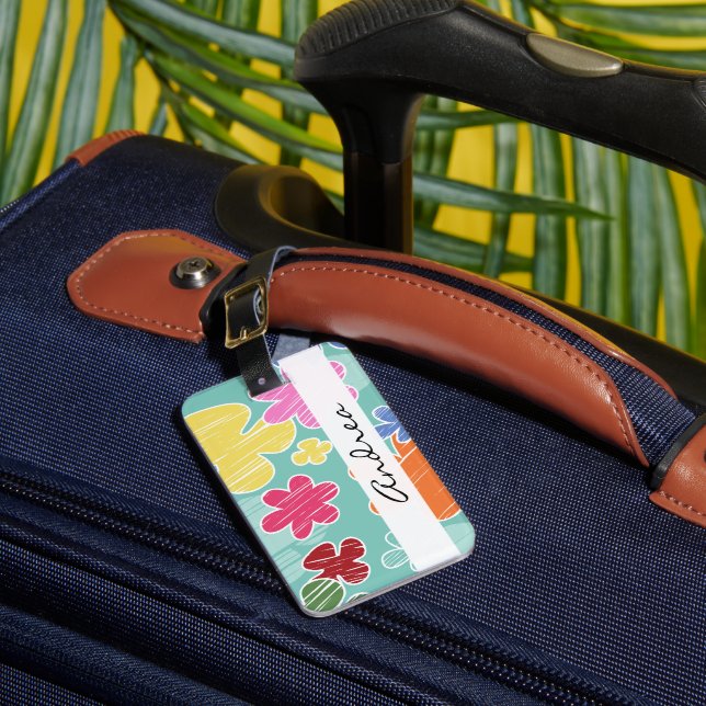 Tropical Flowers, Colourful Flowers, Your Name Luggage Tag (Front Insitu 1)