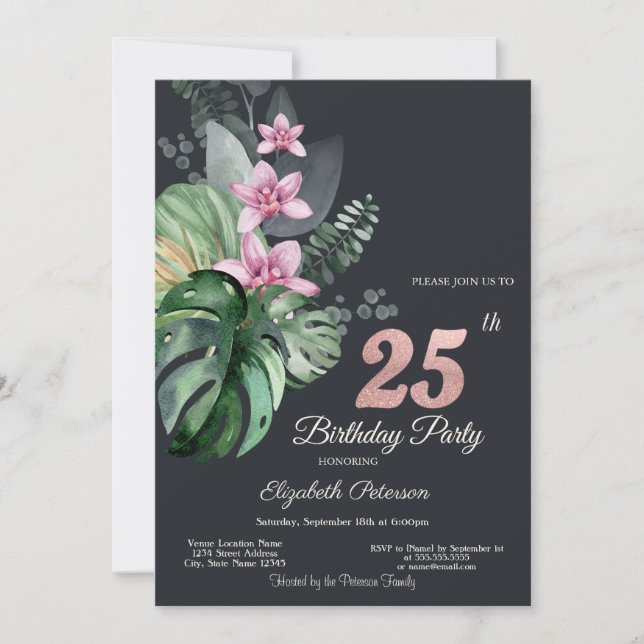 Tropical Flowers Dark 25th Birthday  Invitation (Front)