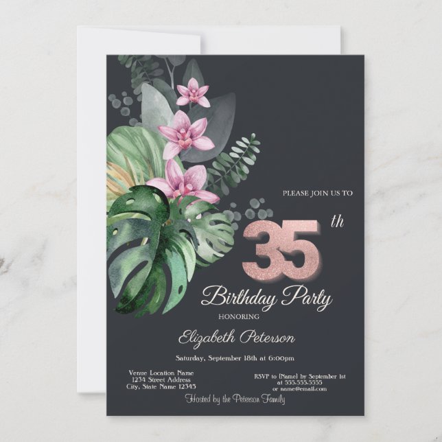 Tropical Flowers Dark 35th Birthday Invitation (Front)