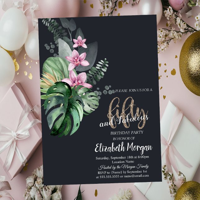 Tropical Flowers Dark 50th Birthday Invitation (Creator Uploaded)