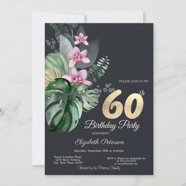Tropical Flowers Dark 60th Birthday  Invitation (Front)