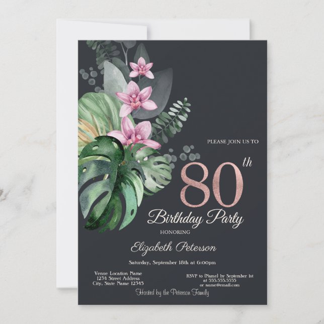 Tropical Flowers Dark 80th Birthday  Invitation (Front)