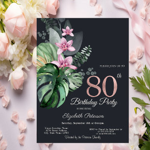 Tropical Flowers Dark 80th Birthday  Invitation