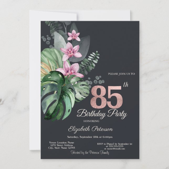Tropical Flowers Dark 85th Birthday  Invitation (Front)