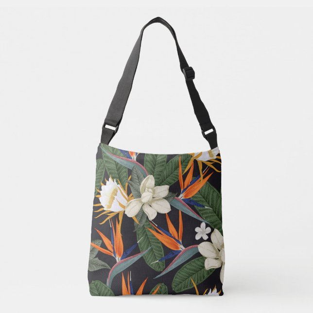 Tropical flowers, dark background, floral seamless crossbody bag (Front)