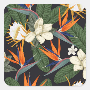 Tropical flowers, dark background, floral seamless square sticker