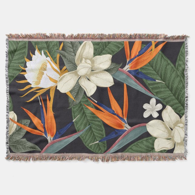 Tropical flowers, dark background, floral seamless throw blanket (Front)