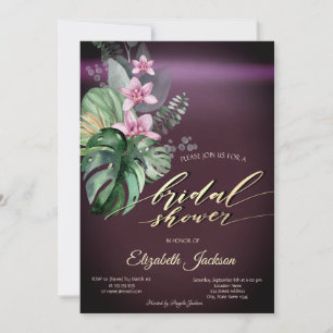 Tropical Flowers Dark Burgundy Bridal Shower Invitation