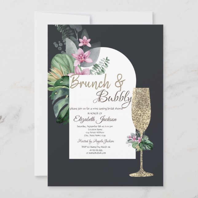 Tropical Flowers Dark Champagne Glass  Invitation (Front)