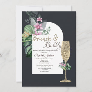 Tropical Flowers Dark Champagne Glass  Invitation