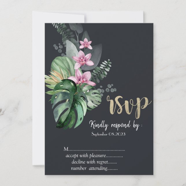 Tropical Flowers Dark RSVP   Invitation (Front)