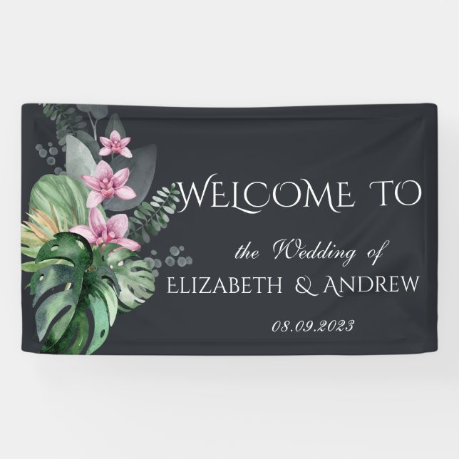 Tropical Flowers Dark Wedding Banner (Horizontal)