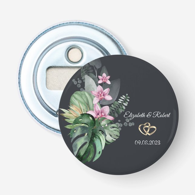 Tropical Flowers Dark Wedding Bottle Opener (Front)