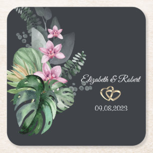 Tropical Flowers Dark Wedding Square Paper Coaster