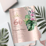 Tropical Flowers Diamonds Rose Gold 60th Birthday Invitation<br><div class="desc">Gold tiara,  tropical flowers and diamonds on a rose gold background.</div>