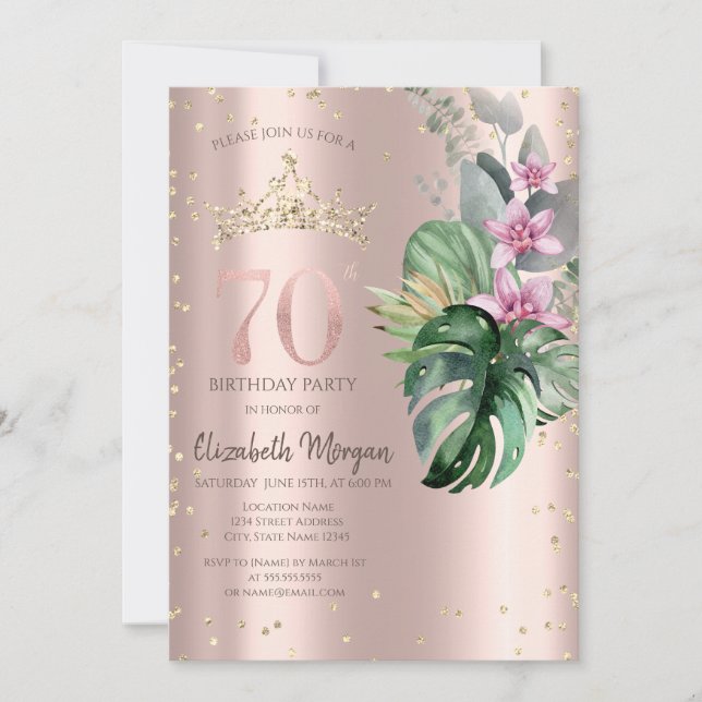 Tropical Flowers Diamonds Rose Gold 70th Birthday Invitation (Front)