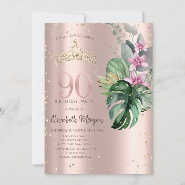 Tropical Flowers Diamonds Rose Gold 90th Birthday Invitation (Front)