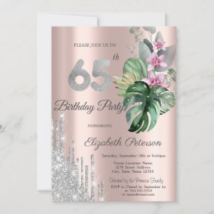 Tropical Flowers Drips Rose Gold 65th Invitation