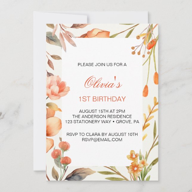Tropical Flowers First Birthday  Invitation (Front)