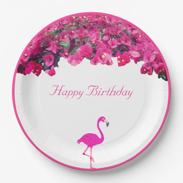 Tropical flowers & flamingo Birthday Paper Plate (Front)