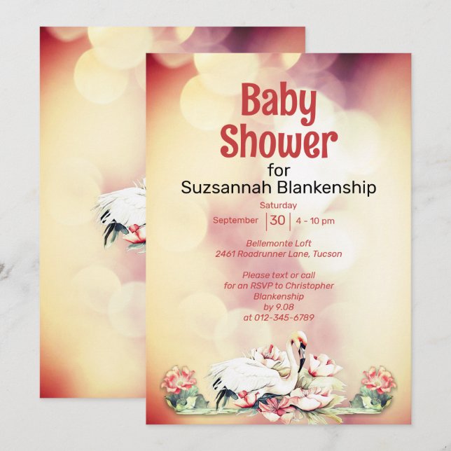 Tropical Flowers & Flamingo Custom Baby Shower Invitation (Front/Back)