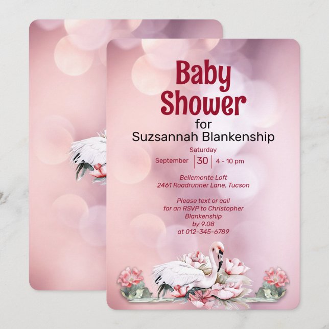 Tropical Flowers & Flamingo Custom Baby Shower Invitation (Front/Back)