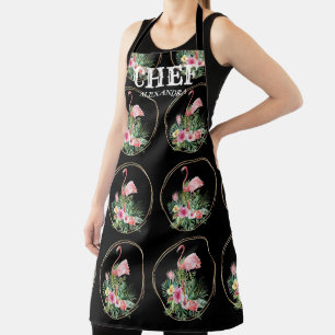 Tropical Flowers Flamingo Gold Frame Chef Monogram Apron