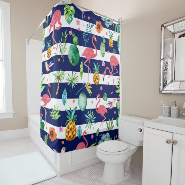 Tropical Flowers & Flamingos Blue & White Stripes Shower Curtain (In Situ)
