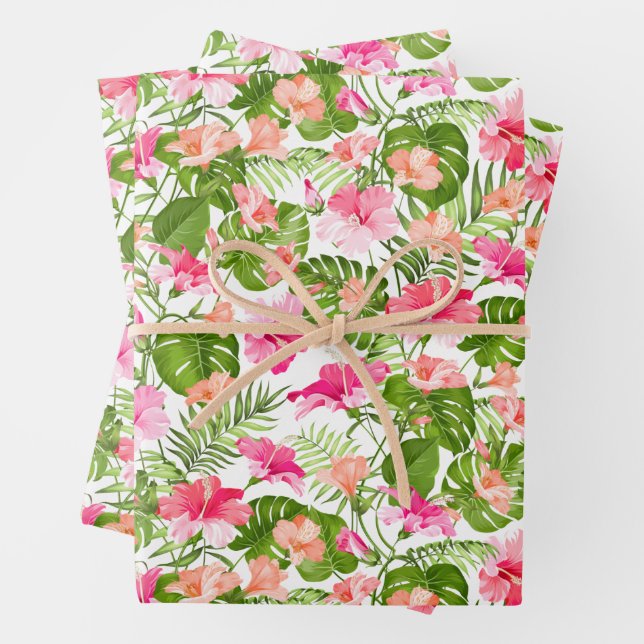 Tropical Flowers Foliage Wrapping Paper Sheet (In situ)