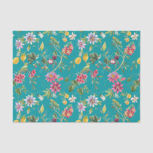 Tropical Flowers, Fruit and Birds Teal Tissue Paper