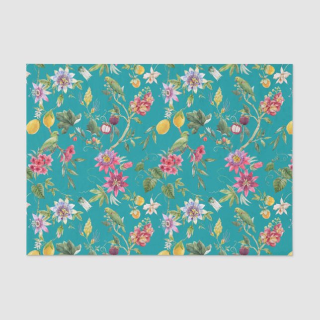 Tropical Flowers, Fruit and Birds Teal  Tissue Paper (Front)