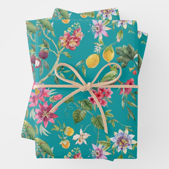 Tropical Flowers, Fruit and Birds Teal  Wrapping Paper Sheet (In situ)
