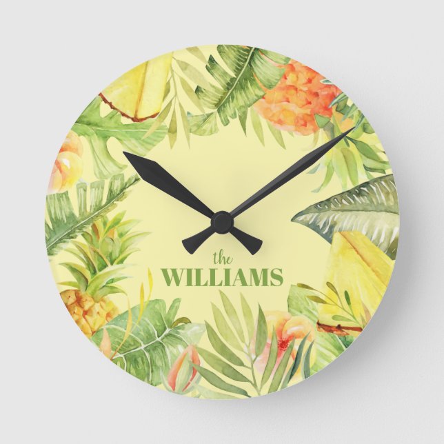 Tropical Flowers Fruit Greenery Round Clock (Front)