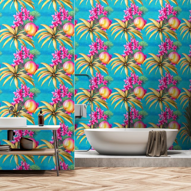 Tropical flowers fruit island blue coastal pattern wallpaper (Bathroom)