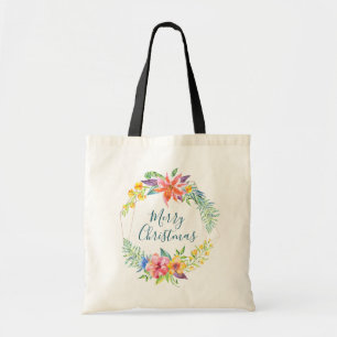 Tropical flowers & geometric frame Merry Christmas Tote Bag
