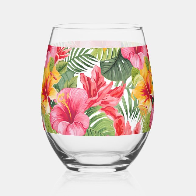 Tropical Flowers Glassware Stemless Wine Glass (Front)