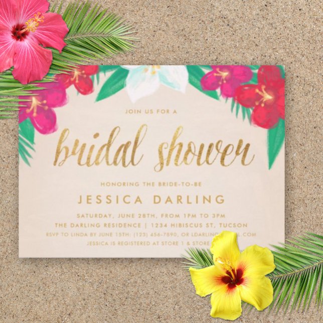 Tropical Flowers Gold Bridal Shower Invitation (Bridal Shower Luau Party Invitation)