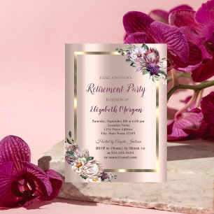 Tropical Flowers Gold Frame,Rose Gold Retirement Invitation