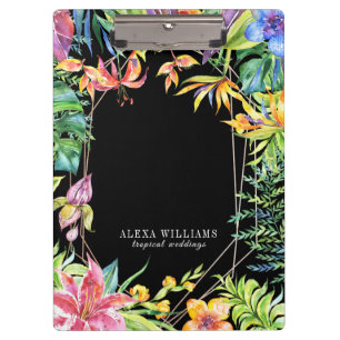 Tropical flowers gold geometric frame clipboard