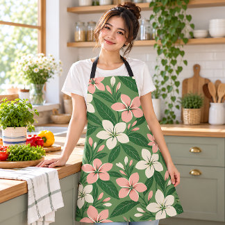 Tropical Flowers Green Botanical Floral Apron