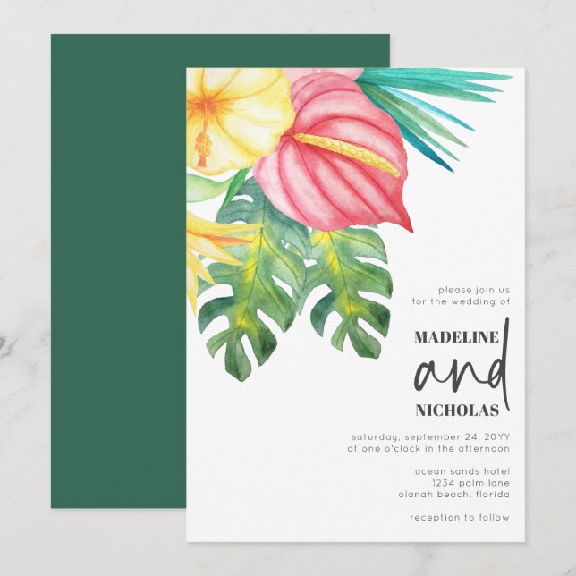 Tropical Flowers Greenery Wedding Invitation (Front/Back)