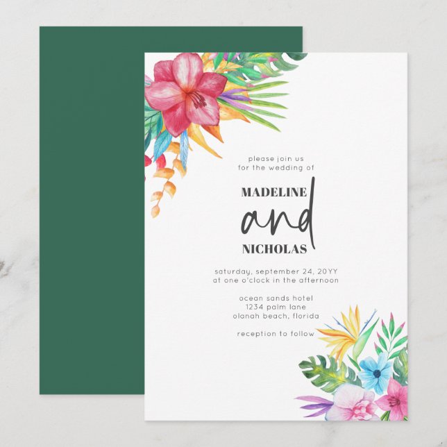 Tropical Flowers Greenery Wedding Invitation (Front/Back)