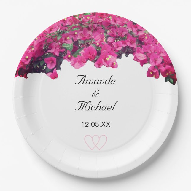 Tropical flowers & hearts wedding paper plate (Front)
