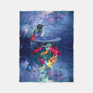 Tropical flowers,hummingbird,butterfly and stars Fleece Blanket
