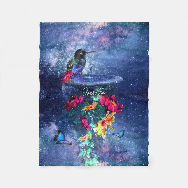  Tropical flowers,hummingbird,butterfly and stars Fleece Blanket (Front)