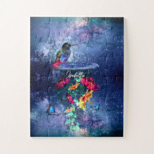 Tropical flowers,hummingbird,butterfly and stars Jigsaw Puzzle