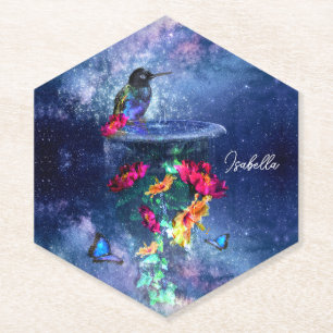 Tropical flowers,hummingbird,butterfly and stars paper coaster