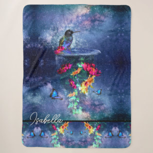 Tropical flowers,hummingbird,butterfly and stars Sherpa Blanket
