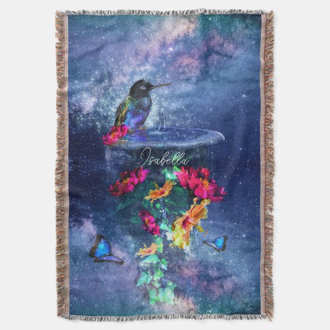 Tropical flowers,hummingbird,butterfly and stars throw blanket (Front Vertical)